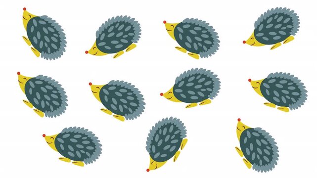 Nine cute cartoon hedgehogs in grey and yellow pattern design perfect for childrens products, fabric, wallpaper, and stationery items featuring adorable animal illustrations.