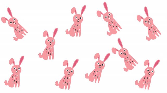 Multiple cute cartoon pink rabbits patterned white background many tiny bunny illustrations. Perfect for childrens book illustrations, easter designs, and wallpaper prints.