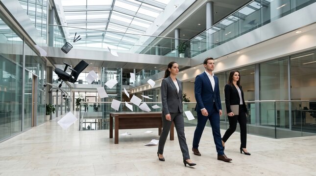 Gravity Shift Office Atrium With Floating Papers And Focused Professionals