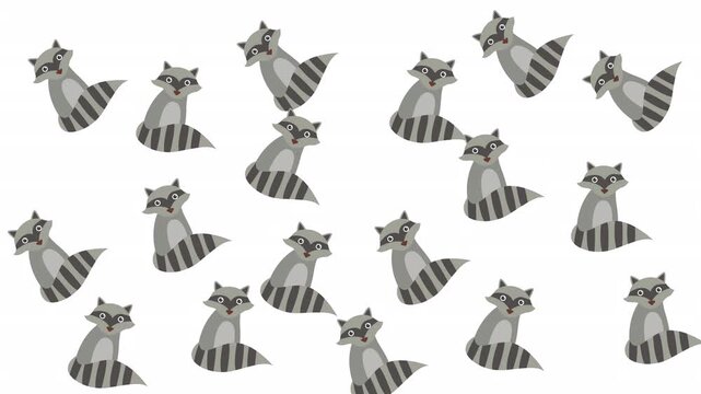 Multiple cute gray cartoon raccoons create a fun and charming pattern on a white background perfect for childrens products and designs.
