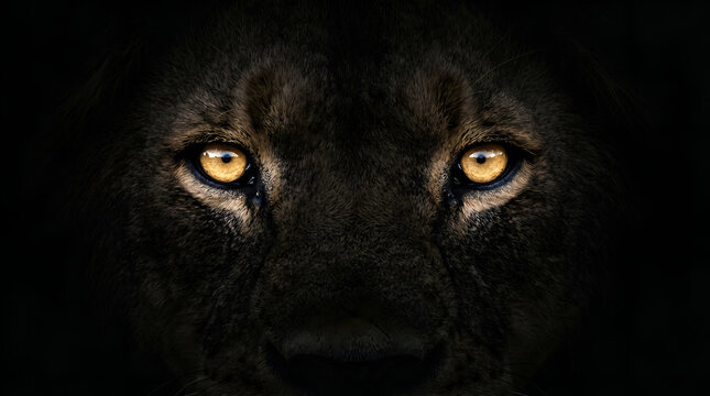 Majestic lion eyes glowing in the dark, close-up of a dangerous predator face.