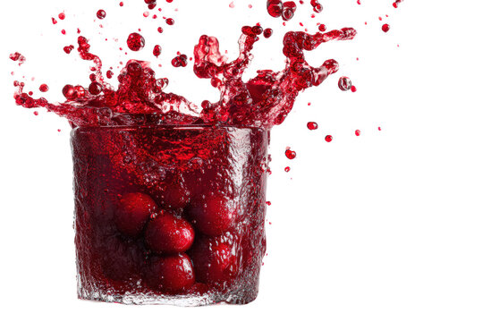 Whole berries submerged in a vibrant red smoothie glass with an explosive liquid splash and airborne droplets isolated on a transparent background for natural healthy drink marketing