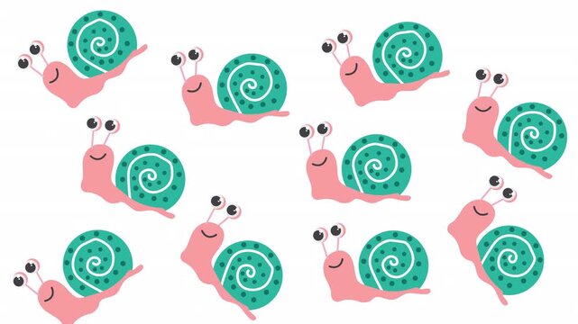 Cute pink snails with green spiral shells and happy smiling faces in a cartoon art style. Suitable for childrens books or products.
