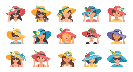 Obraz premium Diverse Women in Colorful Flat Vector Illustration Sun Hats, Summer Fashion Lifestyle Collection