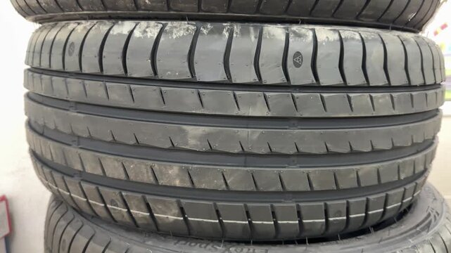 Stacked summer tires at dealership close-up showing clear tread patterns and rubber texture, passenger car sizes arranged in neat