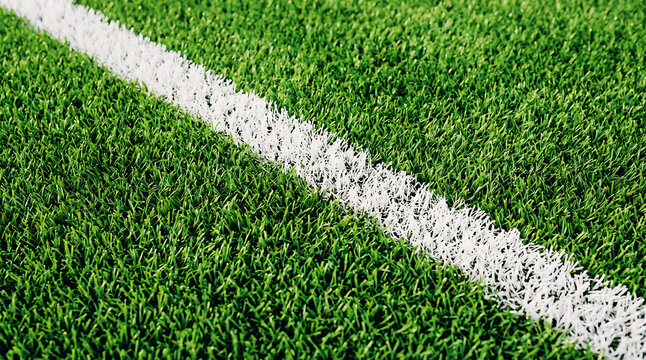 White marking line on vibrant green artificial grass turf of a soccer or football sports field