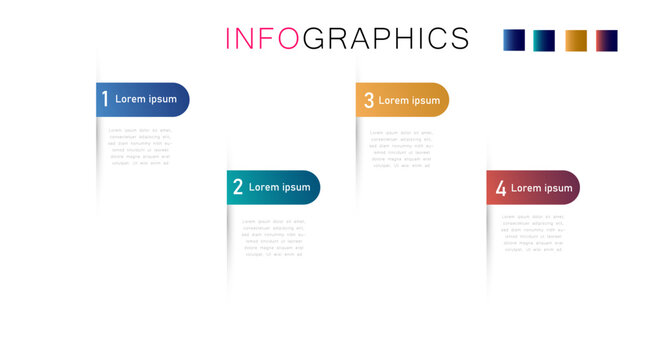 4 steps business infographic template with vertical gradient banners, minimalist staggered process timeline layout vector.