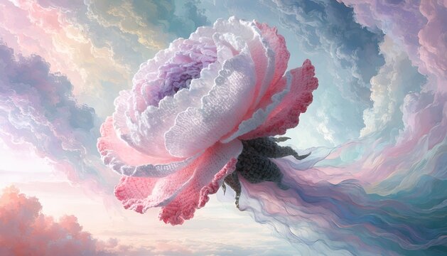 A crochet peony the size of a cloud drifting through a pastel dreamscape cotton candy skies melting soft edges dreamy slow float