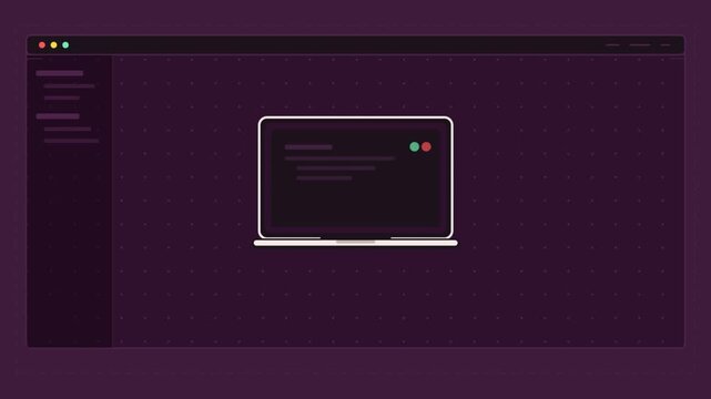 Animated laptop icon glowing on a dark coding interface background