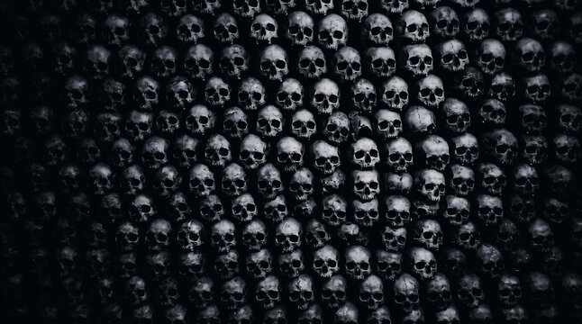 A dense, dark, and unsettling wall composed entirely of human skulls, creating a macabre and overwhelming visual.