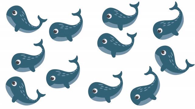 Nine cute cartoon blue whales surrounded by playful sea animals on a white background. Perfect for kids products and educational materials.