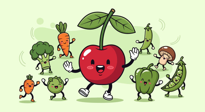Cartoon cherry and vegetable friends dancing together