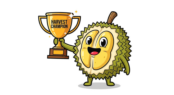happy durian cartoon holding harvest champion trophy
