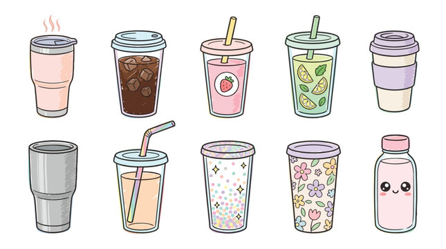 Collection of cute cartoon drinks in various cups and bottles, perfect for summer or cafe themes.