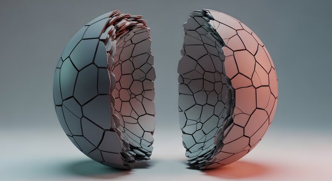Broken cracked metallic sphere ball halves concept mockup