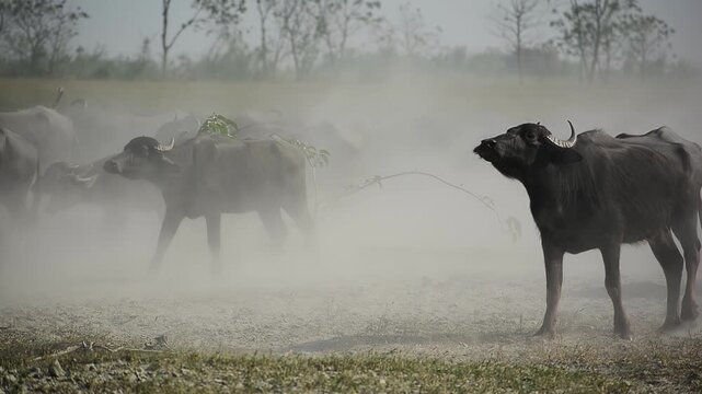 View of water buffaloes walking through thick dust in a rural field under a hazy sky in Bogura, Rajshahi Division, Bangladesh.
