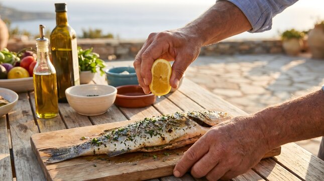 Hands squeezing a fresh yellow lemon over a whole grilled fish on an outdoor table