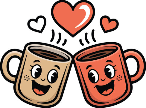 Cartoon coffee mugs with smiling faces and hearts, love and friendship concept