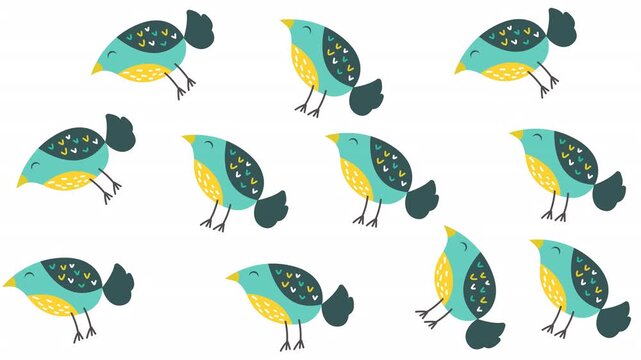 Multiple colorful cute teal yellow bird illustrations in a patterned graphic design for vibrant and playful print materials or products.