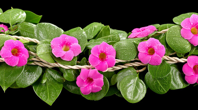 Delicate pink mandevilla flowers on twined vine isolated on black background with mandevilla