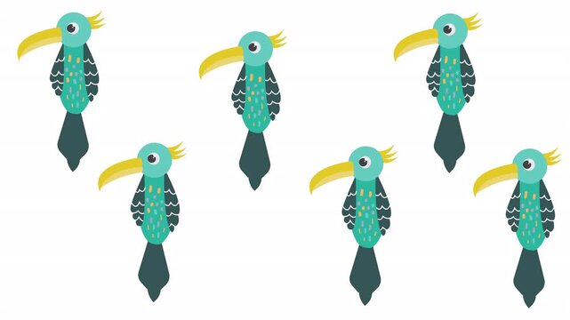Five cute blue tropical birds with yellow beaks and green feather patterns. Suitable for childrens books, nature illustrations, and tropicalthemed designs.