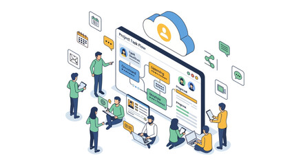 Fototapeta premium Isometric Team Collaborating on Cloud Software Project Workflow Illustration.