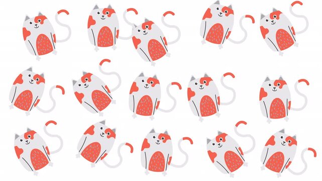 Multiple white orange patterned cats in cartoon animal graphic style art. Suitable for cat lovers and childrens products. Whimsical and playful design.