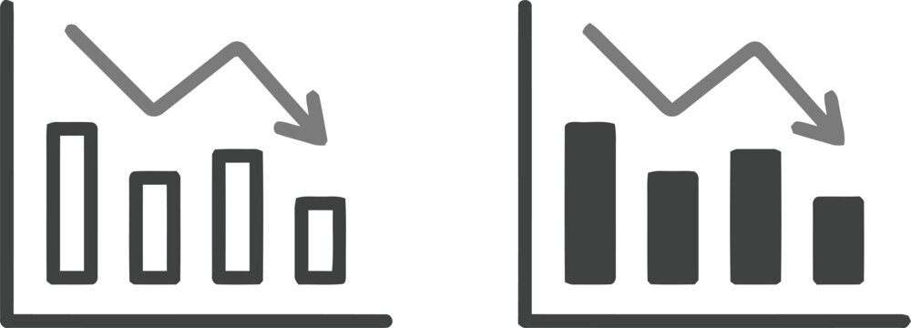 Decreasing Bar Chart Icon Set with Downward Arrow Symbolizing Economic Decline and Business Loss