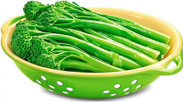 Fresh green broccolini in a colorful colander for healthy cooking with broccolini, broccoli