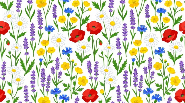 Seamless pattern of wildflowers including poppies, daisies, and lavender in vibrant colors