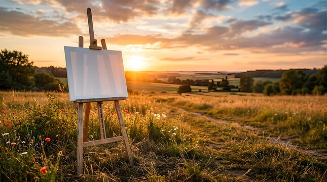 Empty canvas on a wooden easel in a meadow during a scenic sunset