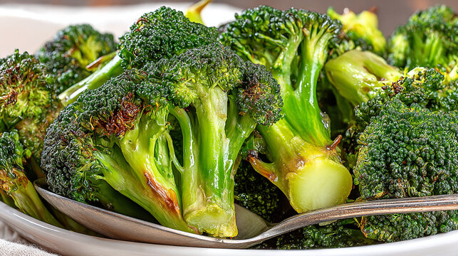Fresh cooked broccoli florets on a plate with a serving spoon broccoli vegetable nutrition