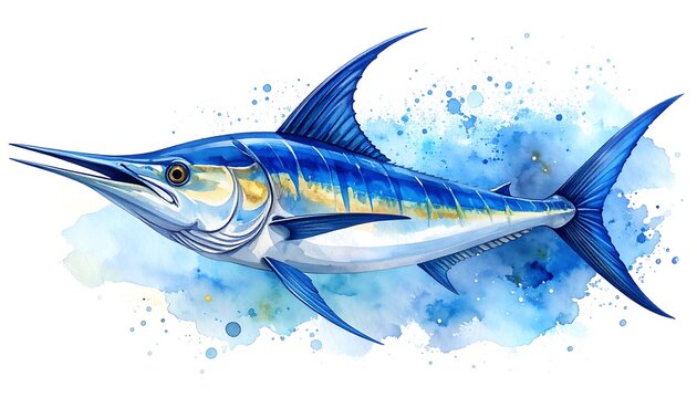 A watercolor painting of a majestic blue marlin swimming against an abstract blue background