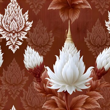 Traditional thai lotus flower and damask pattern on deep red background with traditional oriental background ornament decorative wallpaper heritage backdrop classical buddhist botanical