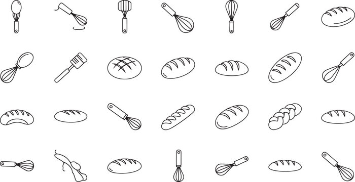Collection of black line baking tools and bread loaves on white background loaf whisk spatula