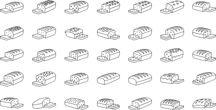 Collection of diverse loaf breads with various toppings and slices baking bakery
