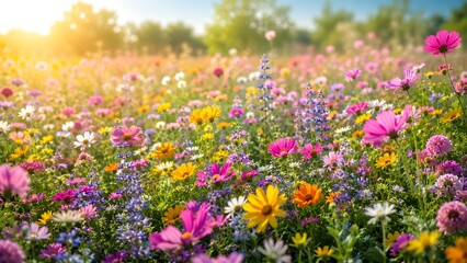Fototapeta premium Beautiful spring flower background featuring an endless field of colorful wildflowers in full bloom. Vibrant pink, yellow, purple.