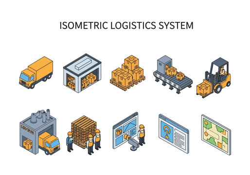 Isometric logistics system depicting transportation, warehousing, and industrial operations with boxes, trucks, and forklifts