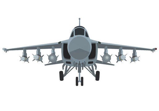 Vector illustration of a modern military ground attack fighter jet aircraft from a frontal view, featuring underwing missiles, landing gear deployed, and gray camouflage, on white.