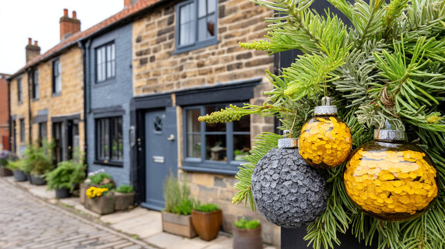 Ornate glass bauble decorations hanging on pine branches in front of a quaint stone cottage