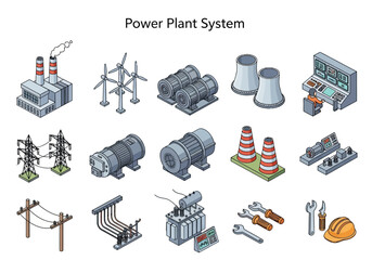 Isometric illustration of a power plant system, featuring various components like turbines, transformers, and control panels © Miu Studio