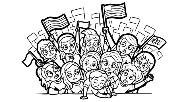 Illustration of Diverse Crowd Holding Protest Signs and Flags.