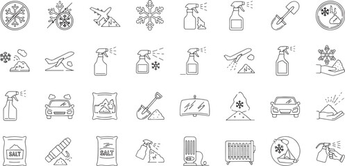 Fototapeta premium Collection of line depicting winter weather and snow removal tools snowflake cold