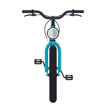 Front view vector illustration of a teal blue city bicycle with black handlebars, hand brakes, a round headlight, front fork, tire, and pedals with orange reflectors on white background.