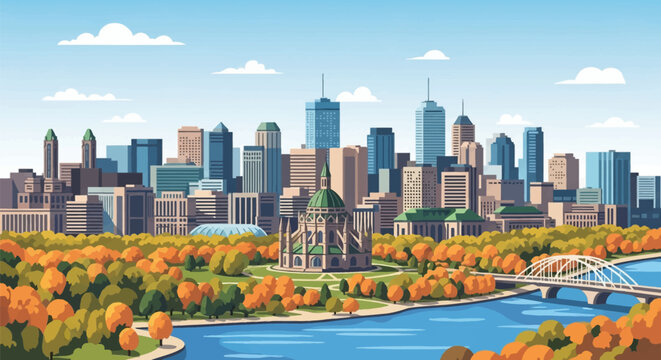 Vector illustration of Ottawa city skyline in autumn with aerial view of the river, Parliament Hill buildings, modern skyscrapers, orange fall foliage and bridge under a clear sky.