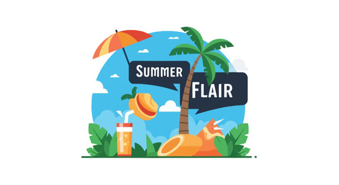 Flat vector illustration with 'Summer Flair' text featuring a palm tree, beach umbrella, tropical cocktail, straw hat, and melon slice against a circular blue sky with white clouds.