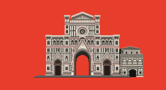 Minimalist flat vector illustration of the Florence Cathedral Cattedrale di Santa Maria del Fiore facade showing the ornate Gothic architecture and rose window on a vibrant red background.