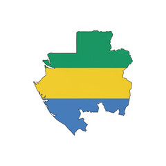 Obraz premium Silhouette of the country map of Gabon with the official national flag colors of green, yellow, and blue horizontal bands, isolated on a plain white background for graphic design.