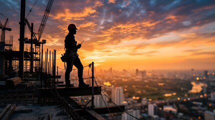 Fototapeta premium Silhouette of a construction worker standing on a building site at sunset