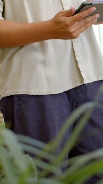 Vertical video: Panning camera revealing person scrolling phone by window, plant, shirt and pants